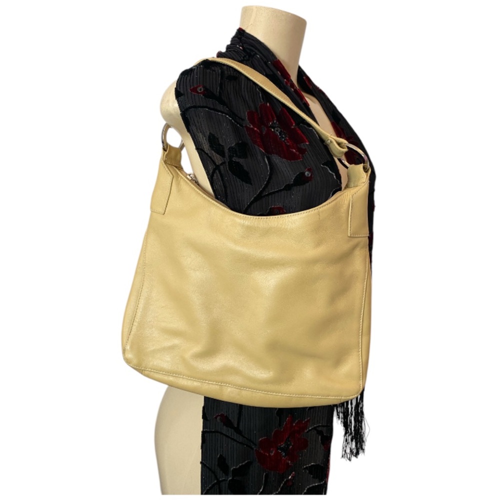 Y2K Perlina New York Women Leather Shoulder Bag Beige Logo Hardware Silver